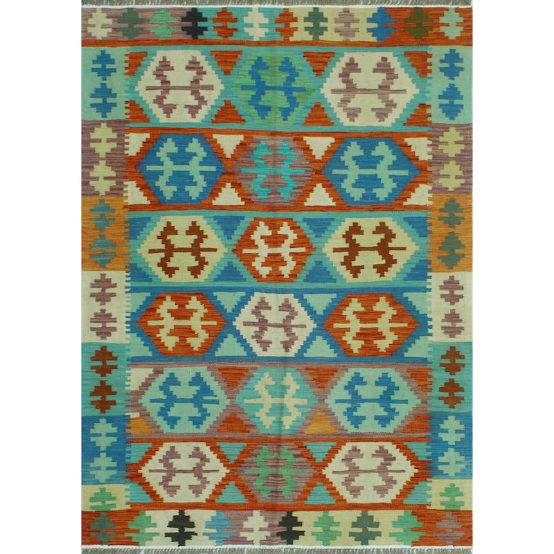 Sangat Flatweave Penny Blue/Rust Rug - 4'9" x 6'8"