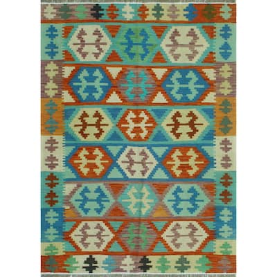 Sangat Flatweave Penny Blue/Rust Rug - 4'9" x 6'8"