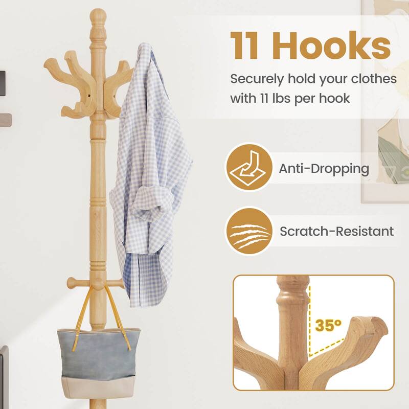 Costway Solid Rubber Wood Coat Rack with 3 Adjustable Heights and 11 - See Details
