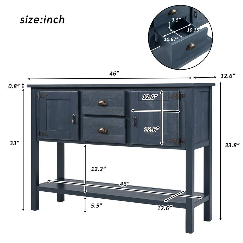 48" Solid Wood Sideboard Console Table with 2 Drawers and Bottom Shelf, Storage Dining Buffet Server Cabinet for Living Room