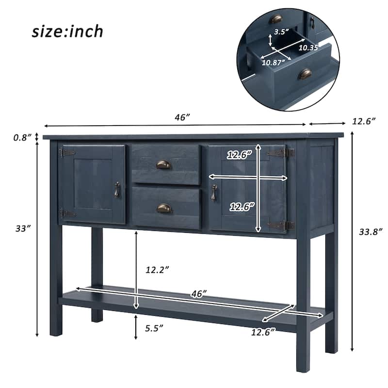 48" Solid Wood Sideboard Console Table with Drawers, Cabinets and Bottom Shelf, Retro Buffet Storage Cabinet