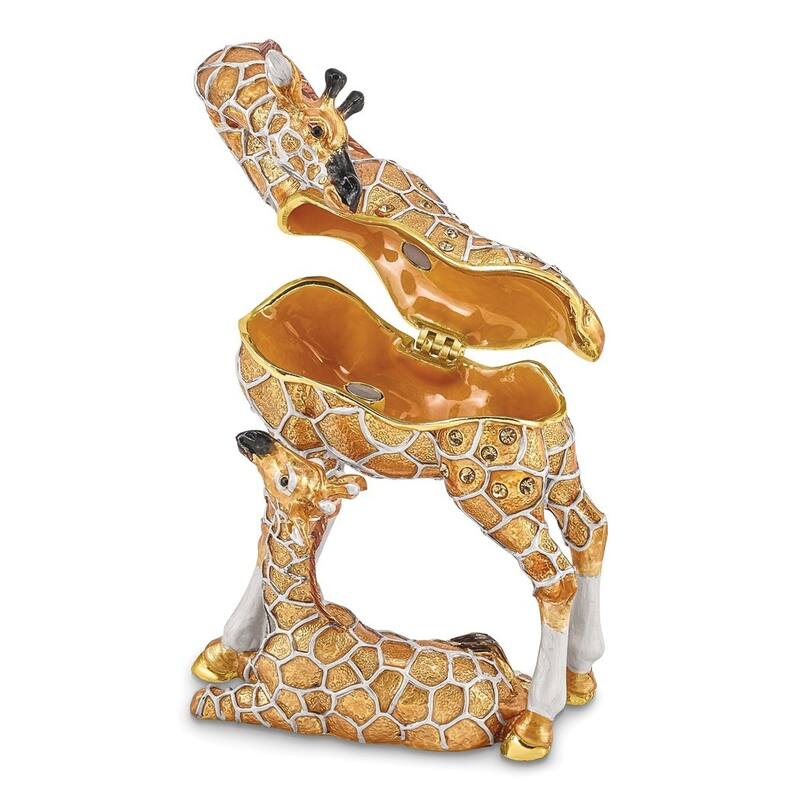 Curata Pewter Crystals Gold-Tone Enameled Jasmin & Jasper Mother & Baby Giraffes Trinket Box on 18 Inch Necklace