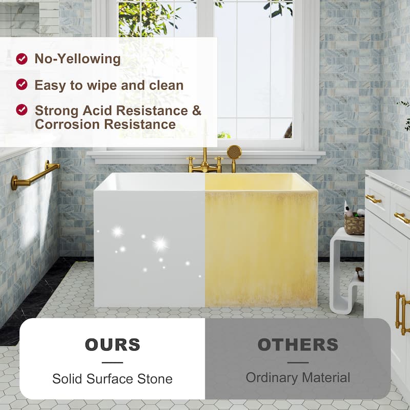 43 in. Freestanding Acrylic Japanese Soaking Bathtub, Compact Space-Saving Design with Included Drainer