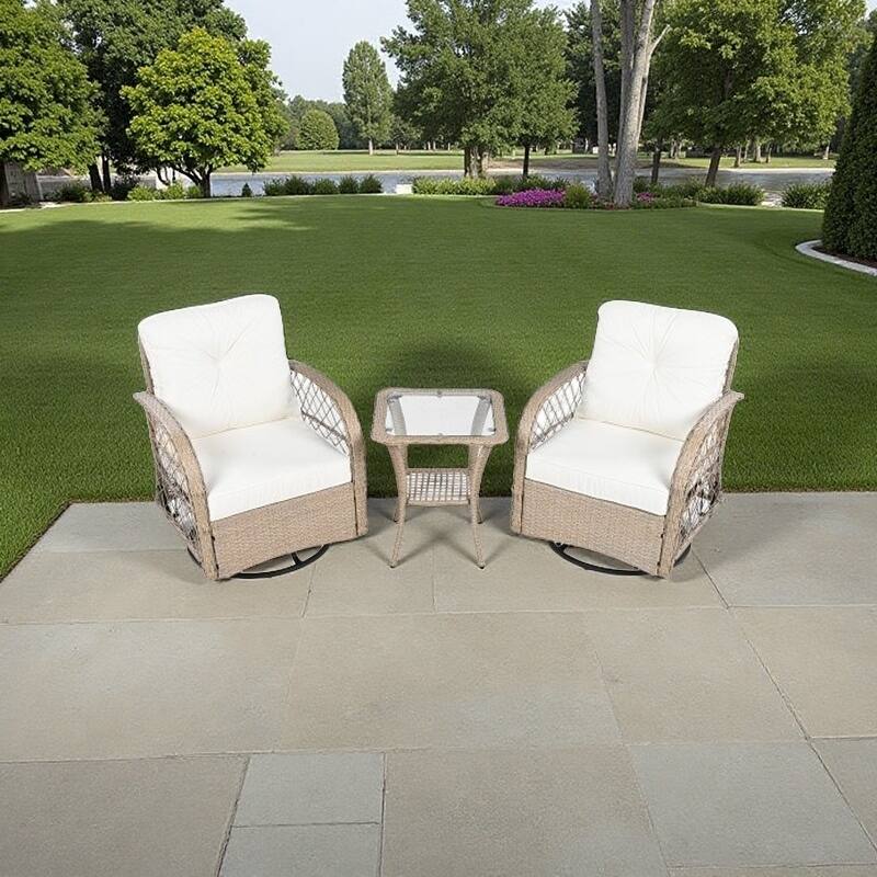 3-Piece Outdoor Patio Set with Two 360° Swivel Rattan Chairs and Tempered Glass Square Table - Natural