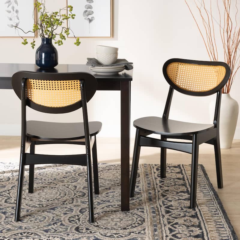 Hesper Mid-Century Modern Wood and Rattan 2-Piece Dining Chair Set