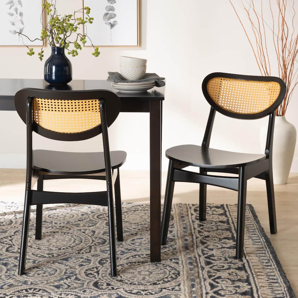 Hesper Mid-Century Modern Wood and Rattan 2-Piece Dining Chair Set