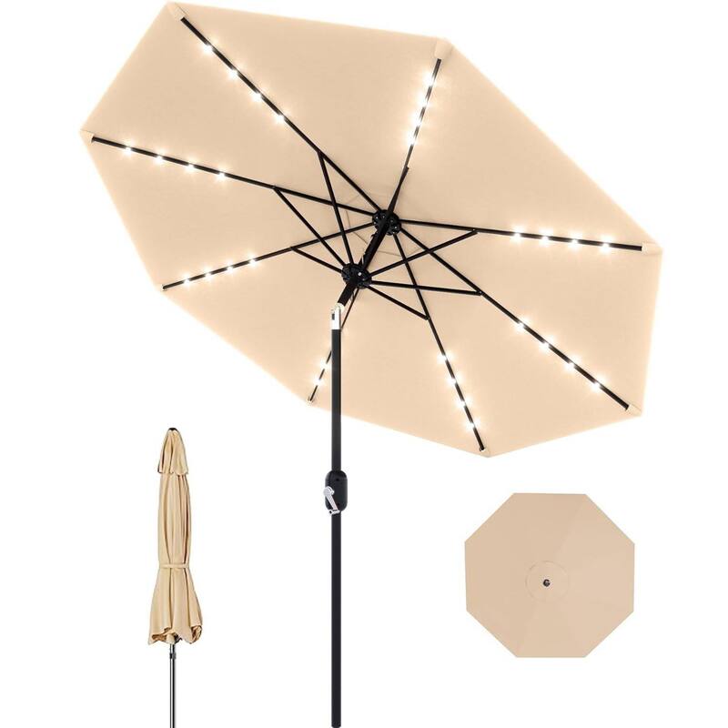 9 Ft Patio Umbrella with Solar Lights for Pool, Deck, Backyard - Tan
