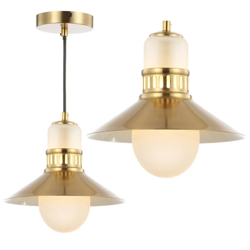 Eugenio 9.75" Adjustable Iron/Glass Retro Hurricane LED Pendant, Brass Gold by JONATHAN Y - Brass Gold