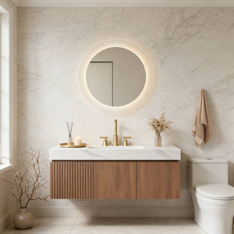 Floating Storage Bathroom Vanity with 3 Pre-drilled Faucet Holes - 48 - Brown Oak