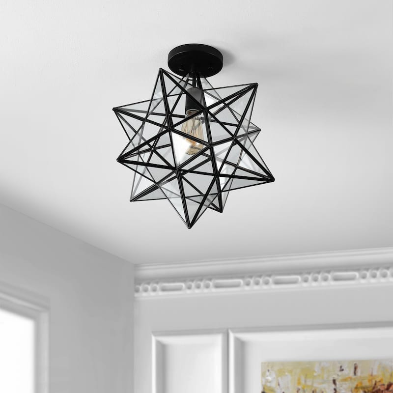 Evelyn 14.5" 1-Light Farmhouse Bohemian Iron/Glass LED Semi Flush Mount, Black/Clear by JONATHAN Y