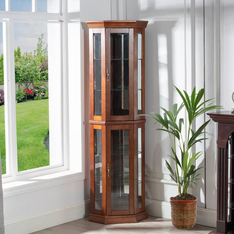 Corner Curio Cabinet with Lights, Adjustable Tempered Glass Shelves,Walnut (E26 light bulb not included)