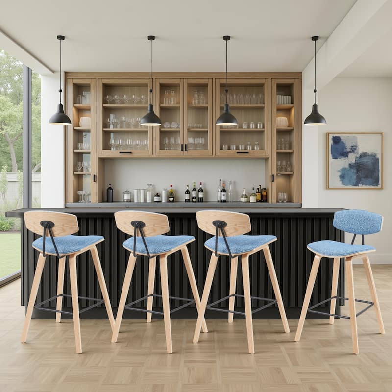 Fox Mid-Century Bar Stool, Upholstered Counter Height Chair with Bentwood Legs - Set of 4 - Light Blue Fabric & Oak - Bar Height