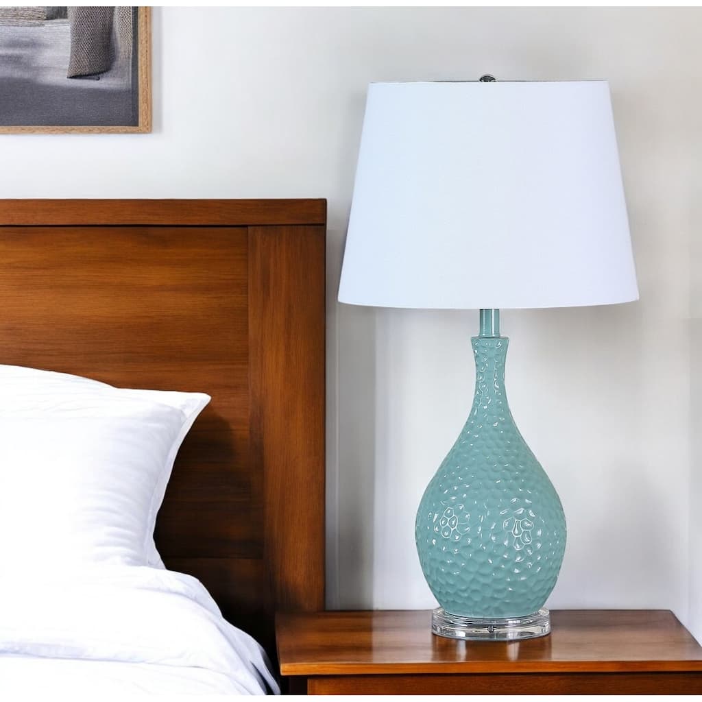 HomeRoots Aqua Hammered Urn Table Lamp With White Tapered Drum Shade - 15 x 15 x 28