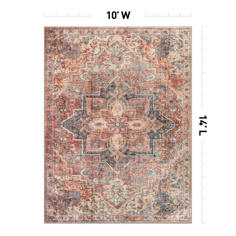 Beige Floral Medallion Washable Rug - Low Pile, Non-Slip