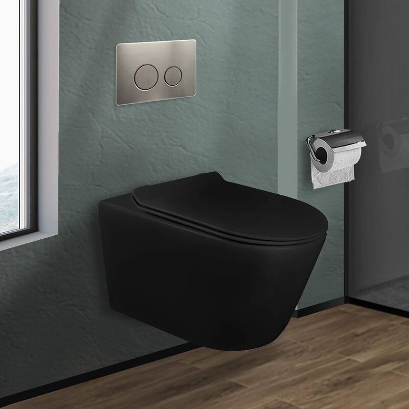 In-Wall toilet Combo Set - Toilet, Tank (2 x 4 Wall), Carrier System - Satin Nickel Round - Push Plates (Metal) - Black Bowl