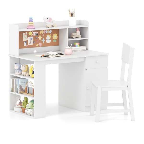 slide 2 of 10, Gymax Kids Desk & Chair Set w/Chair Hutch 3-Layer Side Shelf Storage White