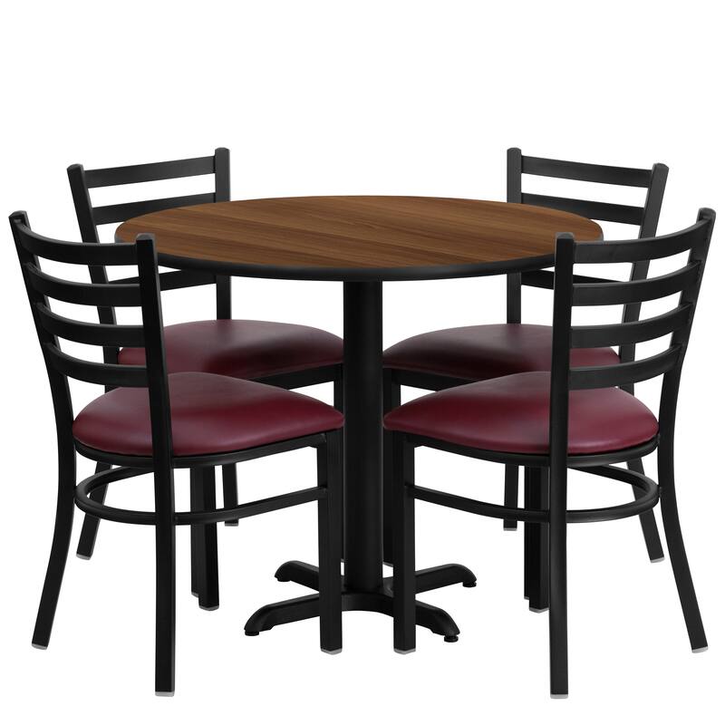 36'' Round Laminate Table Set with X-Base and 4 Ladder Back Metal Chairs - Walnut Top/Burgundy Vinyl Seat