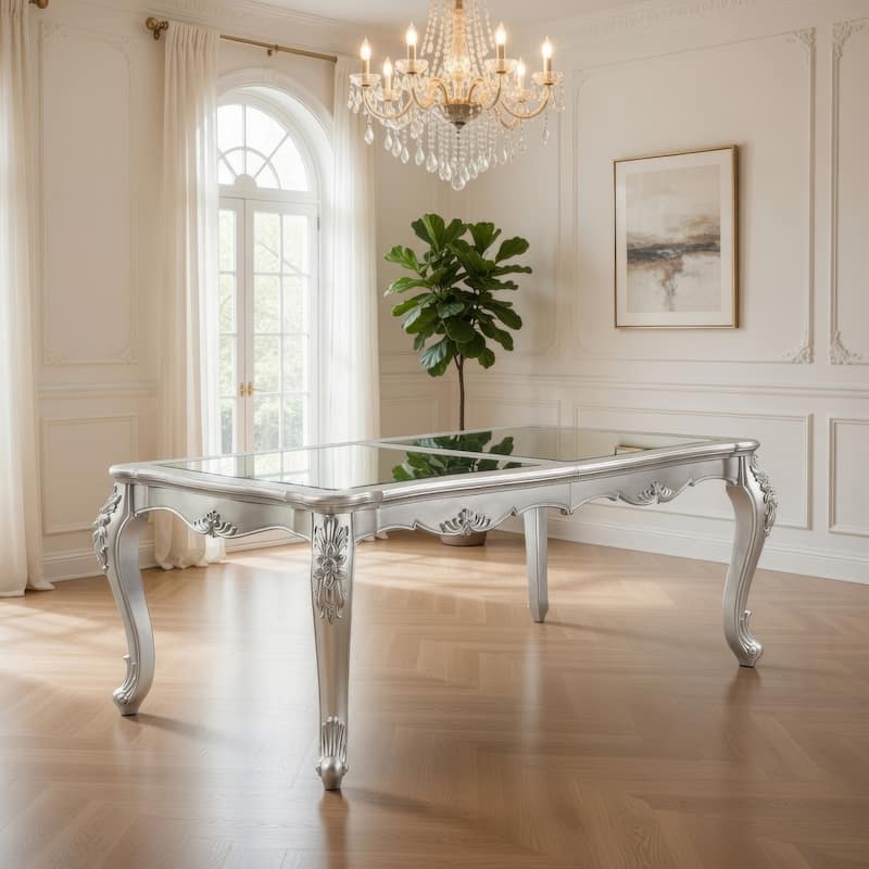 Bowe Dining Table, 80-96 Inch, Mirrored, Classic Champagne Silver Wood