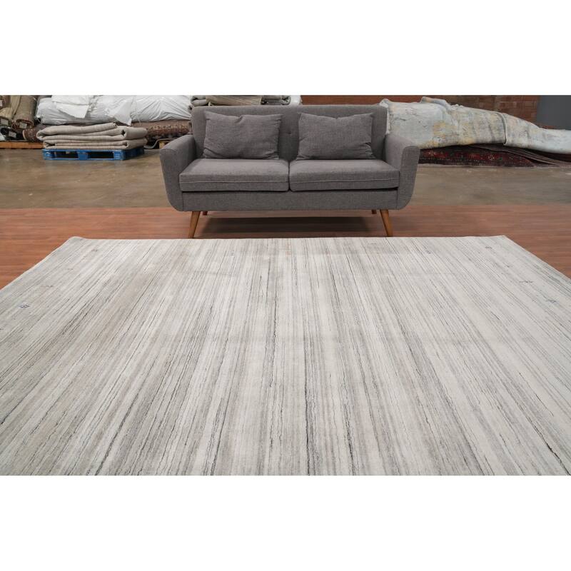 Hand Knotted Oriental Viscose Silk Carpet Tribal Animal Pictorial Greys & Charcoal Gabbeh Area Rug - 9' 9'' X 9' 4''