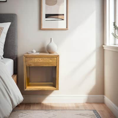 Scandinavian Floating Nightstand with Drawer, Solid Oak - Bedroom Side Table