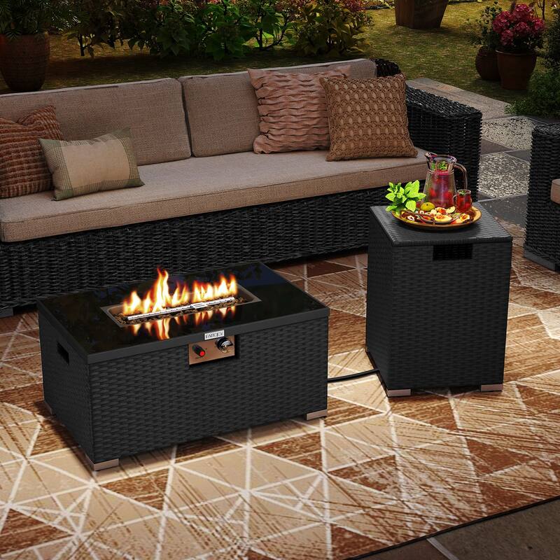Outdoor 2-in-1 PE Rattan Fire Pit Table with Propane Tank Cover and Tempered Glass Top Patio Coffee Table Set