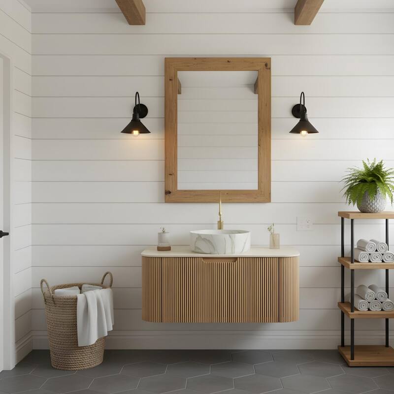 Floating Bathroom with Round Ceramic Basin and Storage Drawer