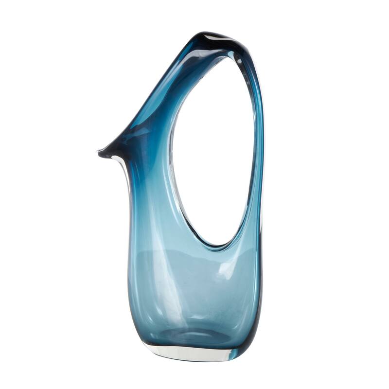 Blue Glass Abstract Vase with Cutout Handle and Elongated Opening