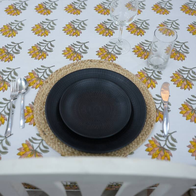Fabdivine Handmade Block Print Cotton Brown Table Cover or Cloth Dining, Farmhouse & Kitchen Décor