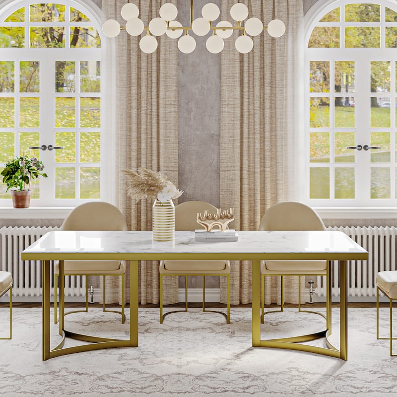 Modern Marble Dining Table with White Rectangular Tabletop Gold Stainless Legs, Dining Room Table