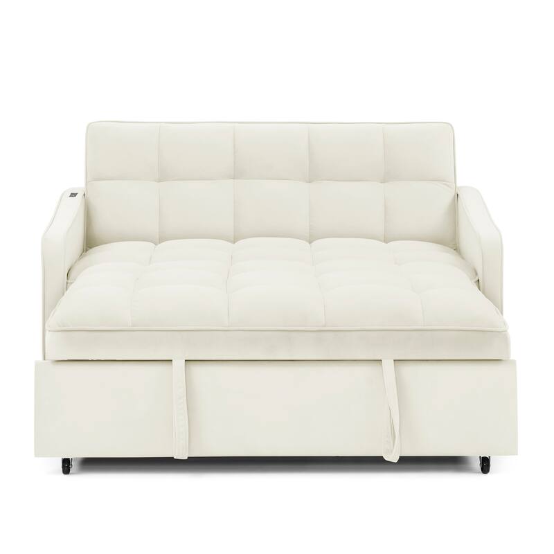 Convertible Sleeper Sofa Bed, Couch Settee with Adjsutable Back and 2 Pocket, Loveseat Sofa Bed with Pull-Out Bed