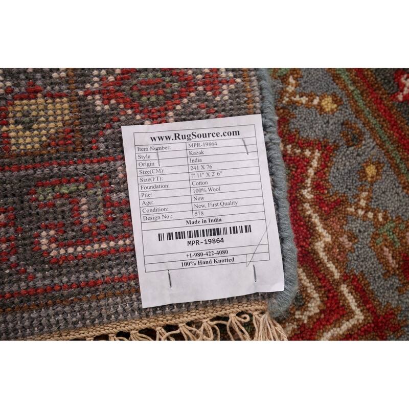Gray Geometric Kazak Oriental Runner Rug Handmade Wool Carpet - 2'6"x 7'11"