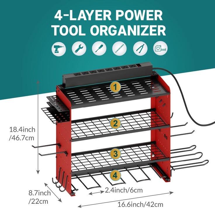 Sttoraboks Modular Power Tool Organizer, Wall Mount Garage 4 Drill Shelf Rack with hooks, 8 Outlet Power Strip