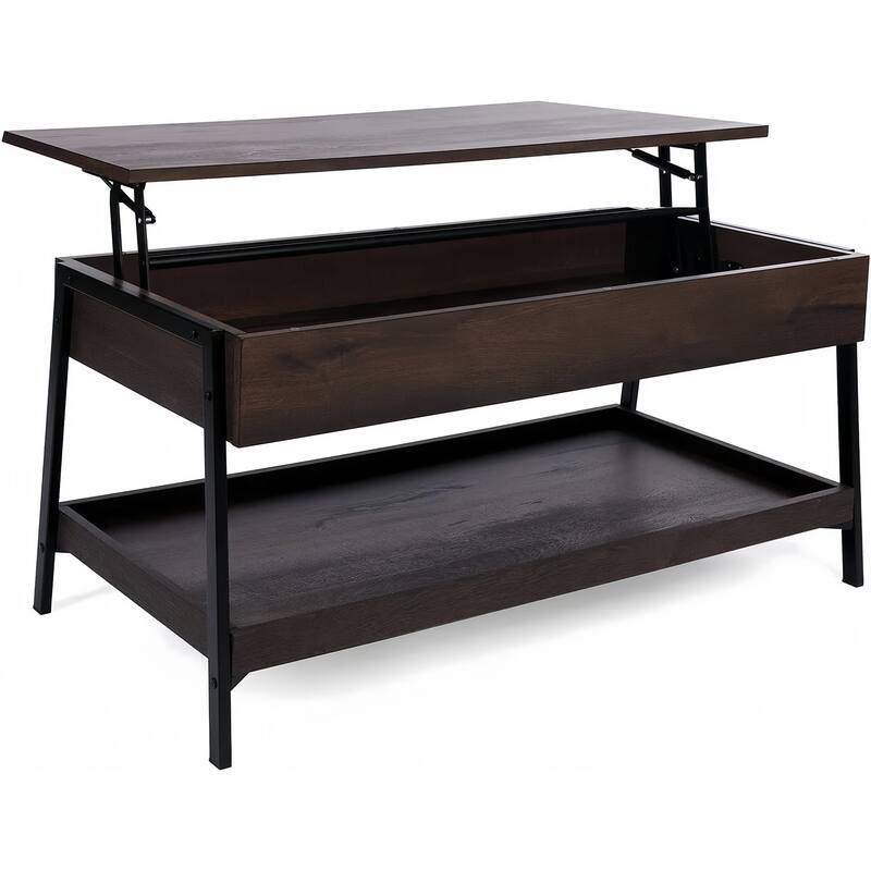 Caffoz Lift Top Coffee Table 2 Tier Wood Design with Hidden Compartment, Living Room Center Table with Extra Storage Space