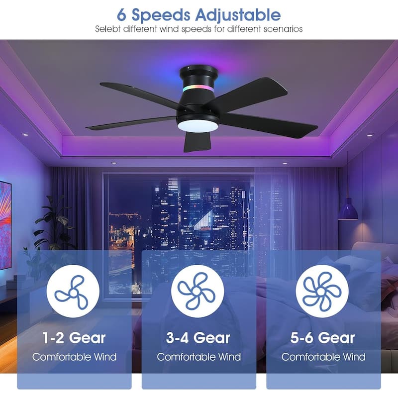 52 Inches RGB Flush Mount Ceiling Fan with Light and Remote,DC Motor,for Living Room Bedroom - 52 Inches