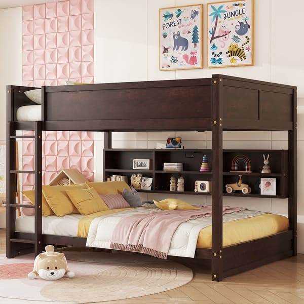 slide 2 of 18, Bunk Bed with Built-in Storage Cabinets and Charging Station,Queen Over Queen Brown