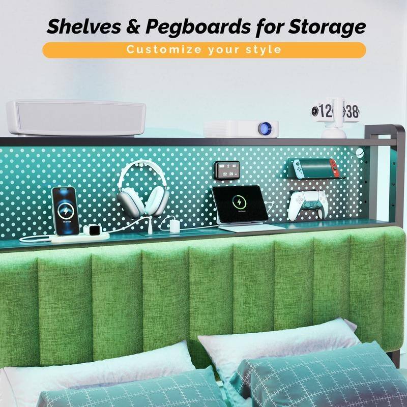 Adjustable Upholstered Headboard with 2 Tier Shelves with Charging Stations and LED Lights, Modern Bed Headboard with Storage