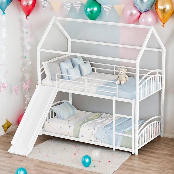 slide 2 of 12, Kid-Friendly Design Twin Over Twin Bunk Bed White