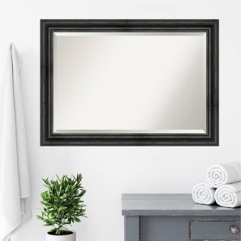 Beveled Wood Bathroom Wall Mirror - Rustic Pine Black Frame