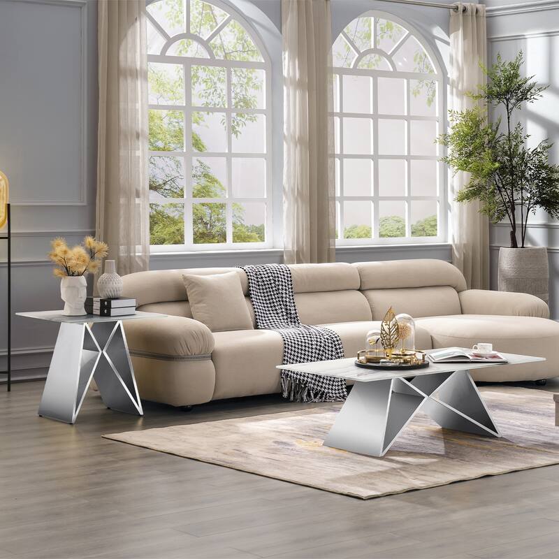 24 inch White Tempered Glass End Table with Mirrored M-Shaped Base