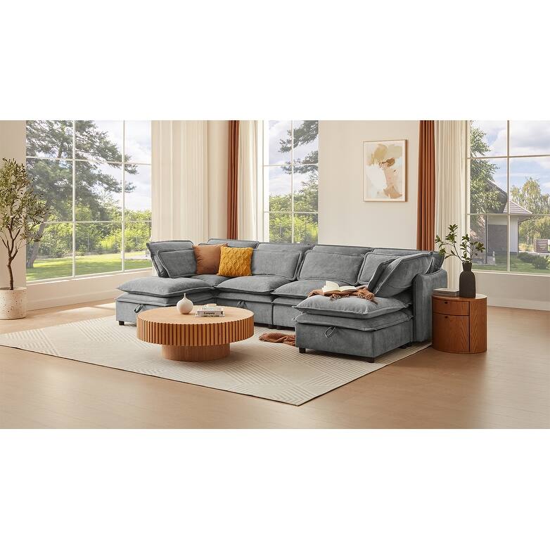 Double-Layer Cushion Modern U-Shaped 6-Seater Modular Sofa with Storage, Convertible to Bed