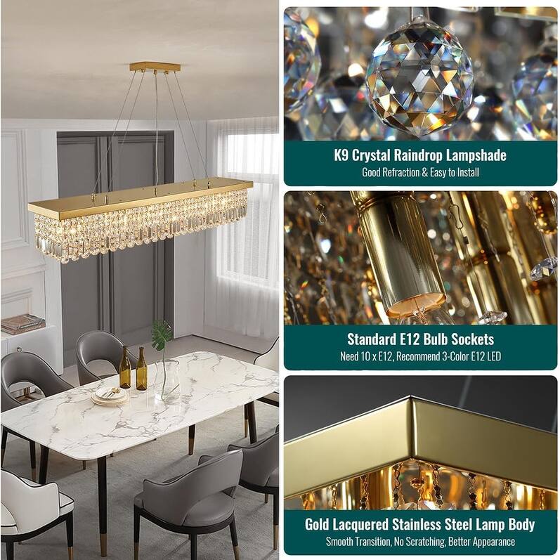 47 in. Gold Crystal Chandelier 10-Light Modern Rectangular Crystal Raindrop Chandelier for Kitchen Island Dining Room