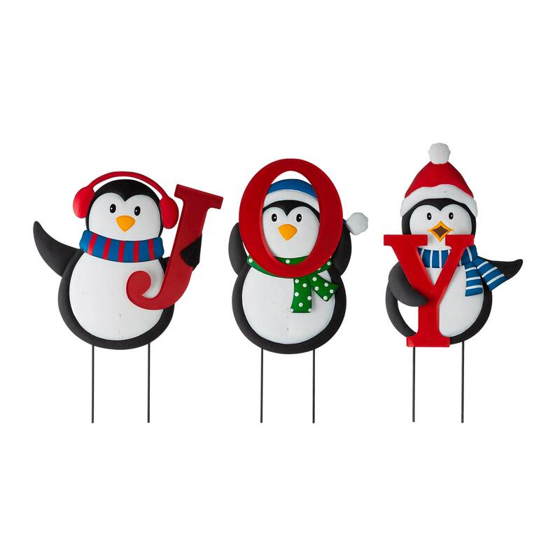 Glitzhome 42"H Christmas Metal "JOY" Penguin Yard Stake or Wall Decor - Multi-color