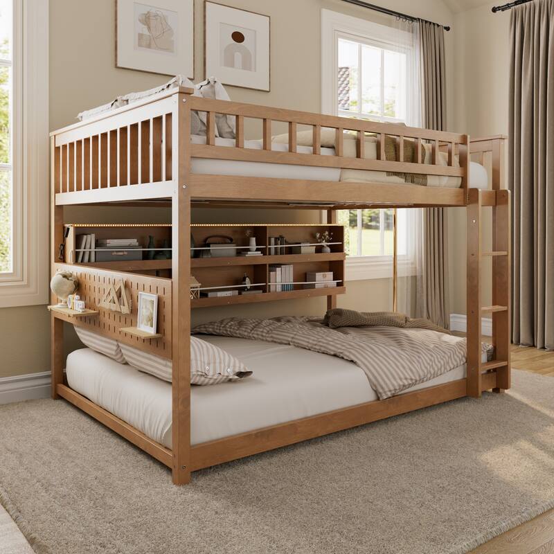 Roomfitters Full over Full Bunk Bed with Storage Shelving, Pegboard and LED Lights