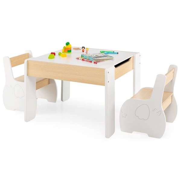 slide 2 of 10, Gymax 4-in-1 Kids Wooden Table & 2 Chairs Set w/ Storage Detachable White