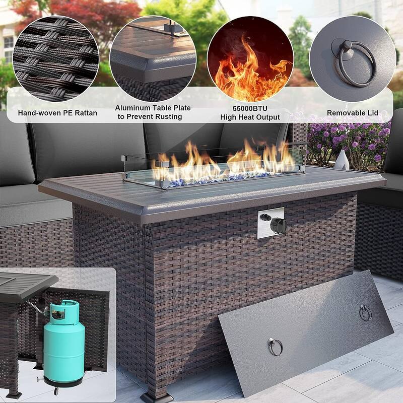Delnavik 9-Pieces Wicker Patio Furniture Set with Firepit,Outdoor Seatings with Cushions - 9 pieces