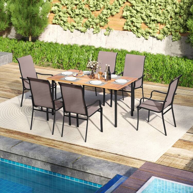 Brown-Black Mesh Metal Patio Dining Chairs with Armrests, Set of 2 - 22" x 29" x 40"