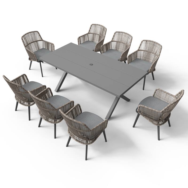 Outdoor Patio Dining Sets with PE Wicker Chairs and X-leg Aluminum Dining Table for 8 Persons