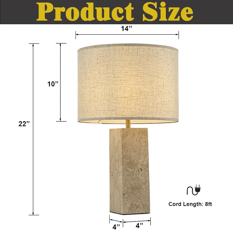 1-Light 22'' Modern Coastal Natural Rectangular Travetine Table Lamp With Beige Linen Shade For Bedroom and Living Room - W14''