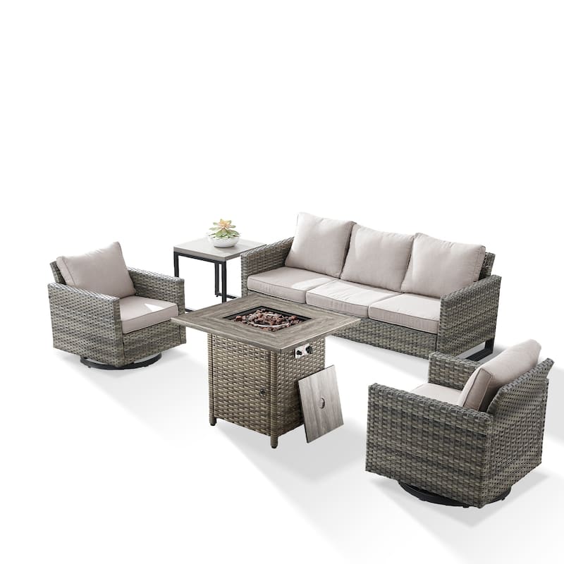5 Pieces Fire Pit Table with Sofa Swivel Chair Set
