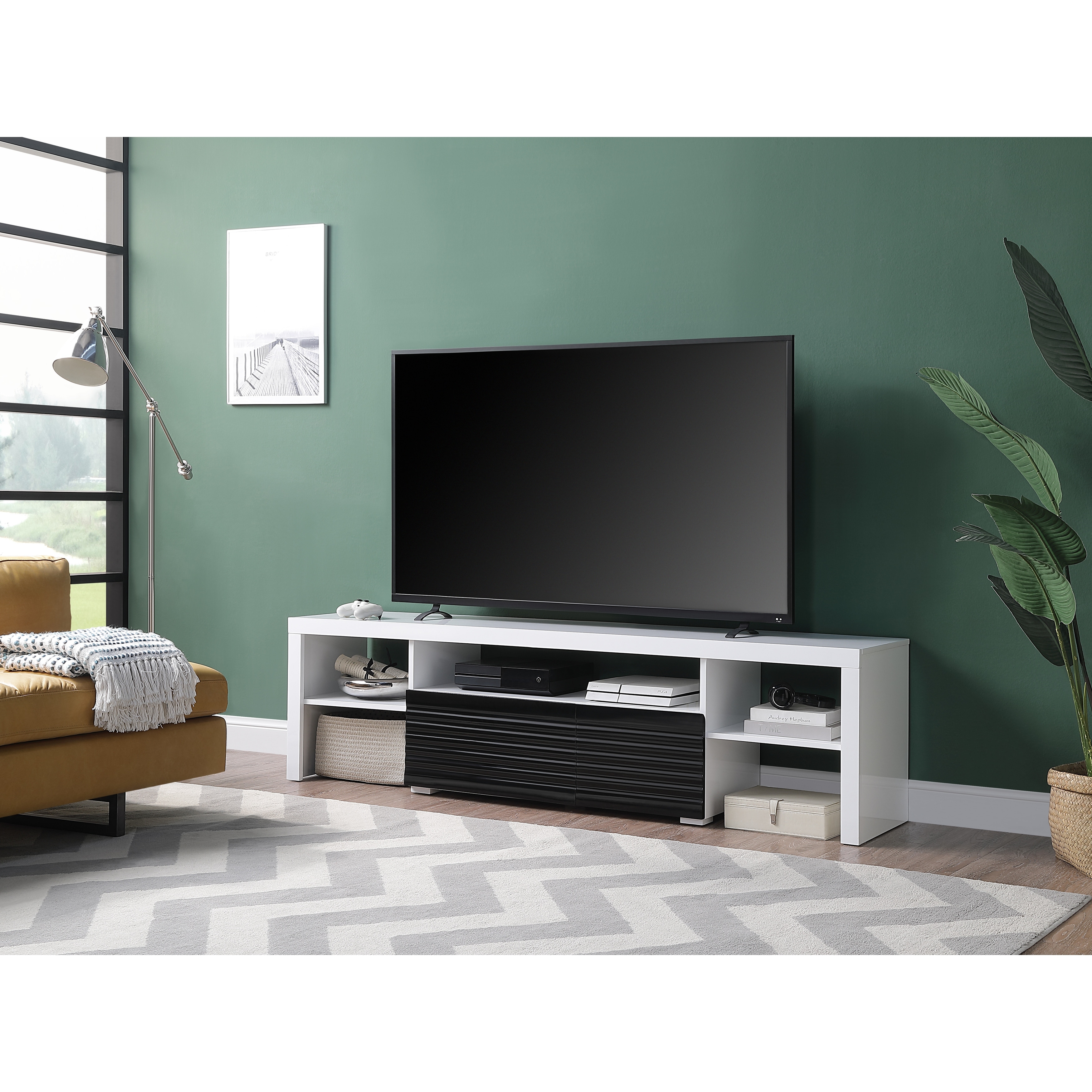 Rasoo Tv Stand In White and Black High Gloss Finishrectangular Tv Standcoffee, Console, Sofa and End Tables